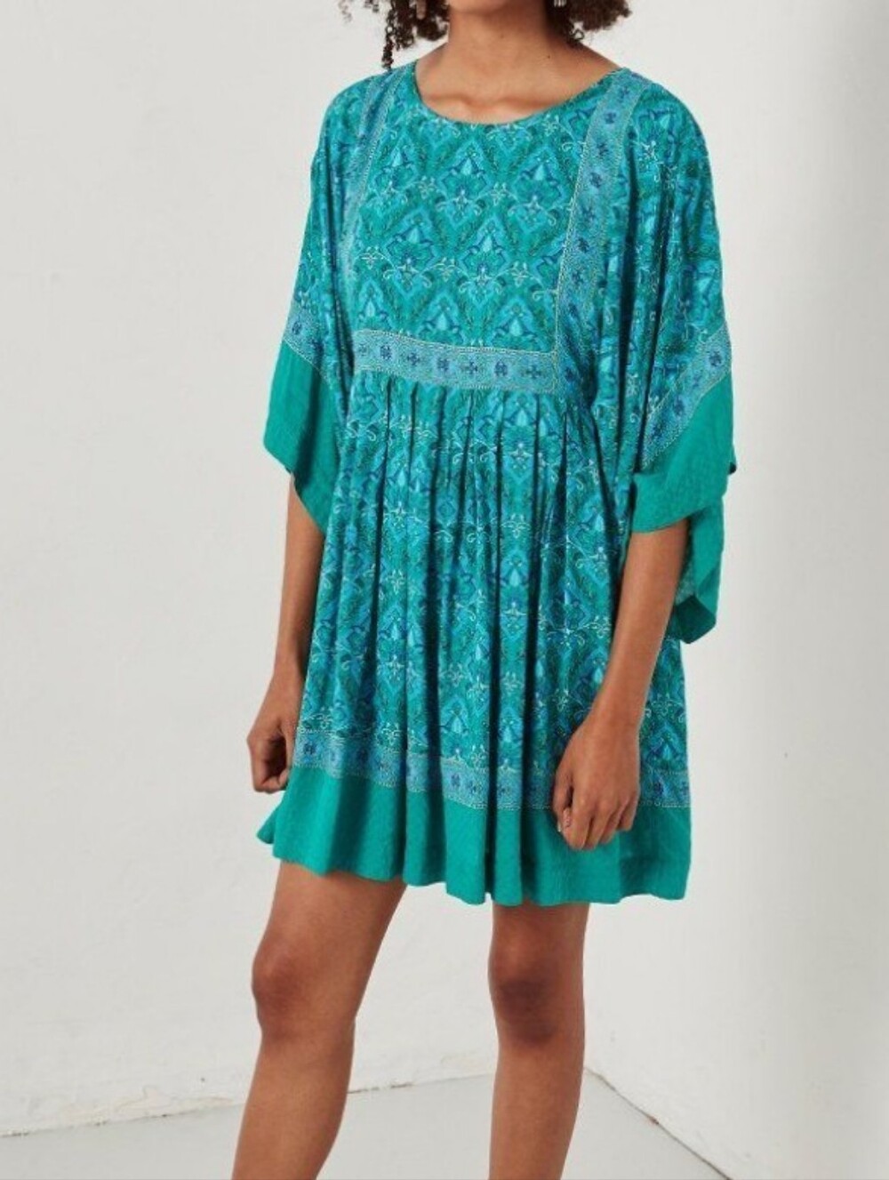 Boho Luxe Beach Coverup Turquoise Printed Butterfly Sleeve Tunic Dress | M/L